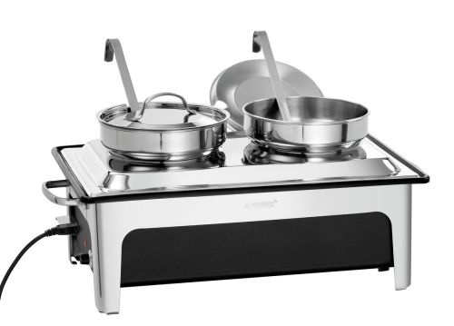 Chafing dish inox à 2 soupières avec couvercles amovibles