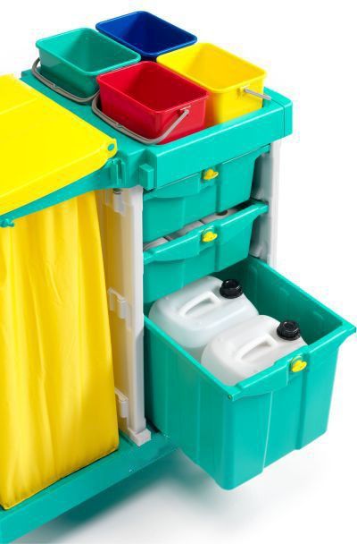 Chariot de stockage avec tiroir de 40l et bidons de détergent