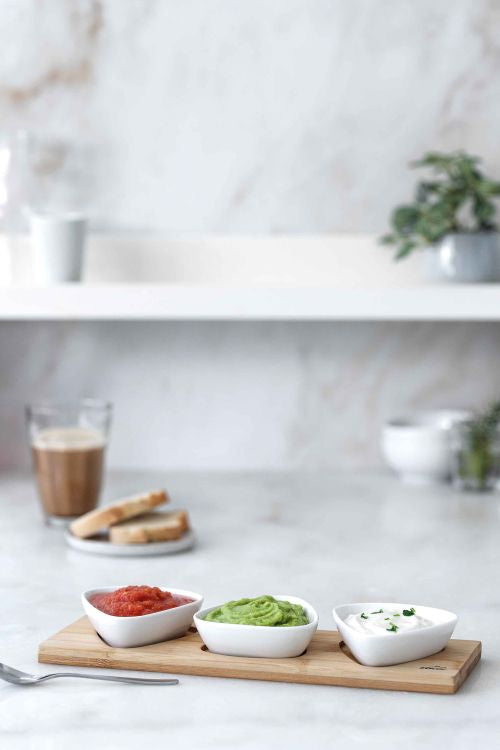 Planche apéritive en bambou à 3 compartiments en porcelaine, forme rectangle