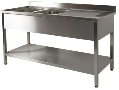 Plonge inox 2 bacs et égouttoir 2000 X 700 avec tablette inférieure