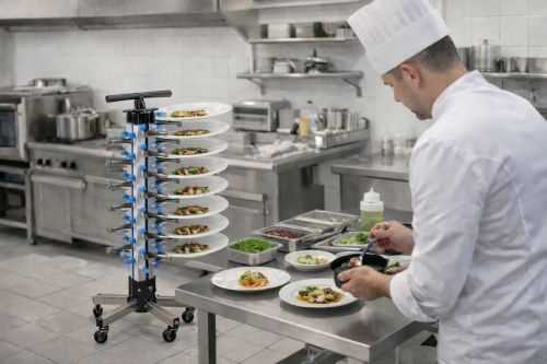 Porte assiettes mobile en cuisine professionnelle pour un travail efficace et un service rapide