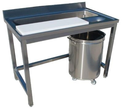 Table de préparation en inox pour légumes avec bac de lavage et poubelle 100l