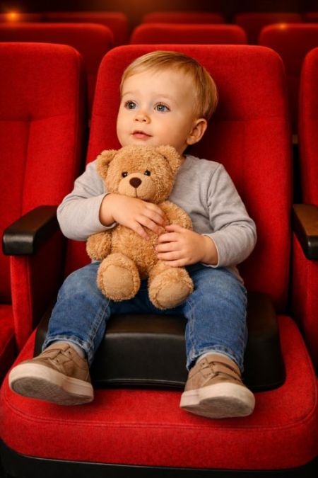 Petit enfant, sur un rehausseur de cinéma noir écologique, qui regarde un dessin animé avec son ourson dans les bras
