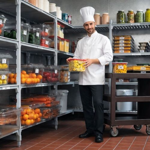 Rayonnage alimentaire organisé avec chef cuisine professionnel