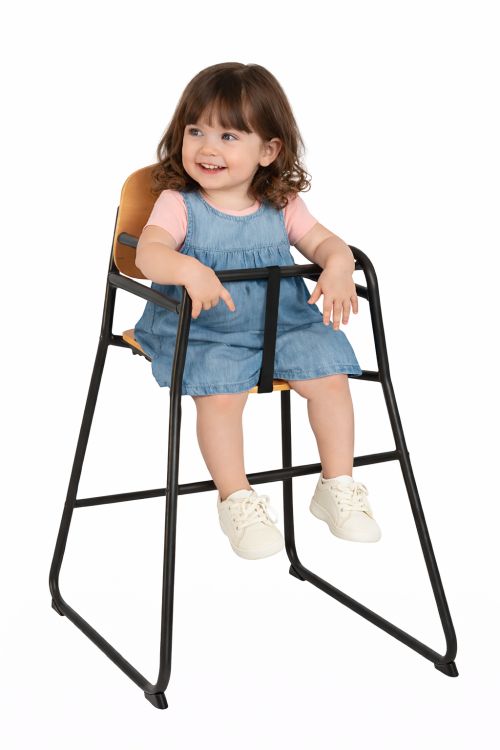 Chaise haute bois acier noir avec sécurité enfant de moins de 3 ans