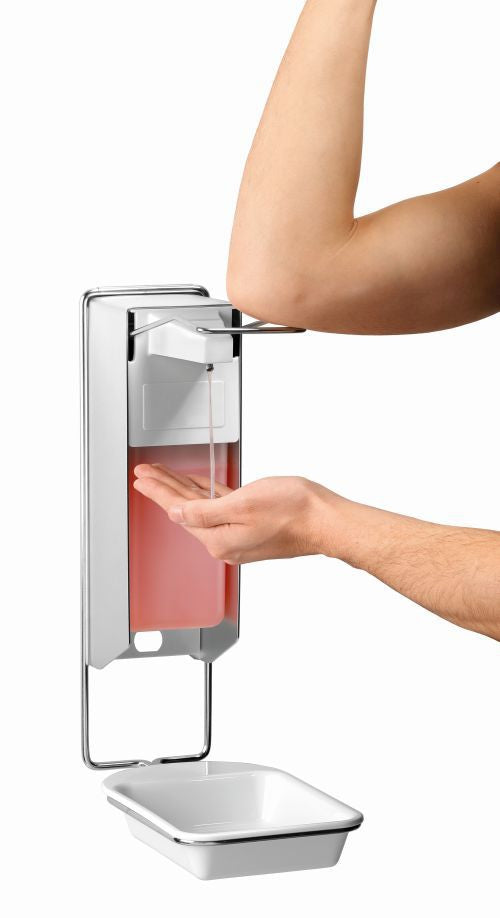 Distributeur de savon au coude avec bac collecteur
