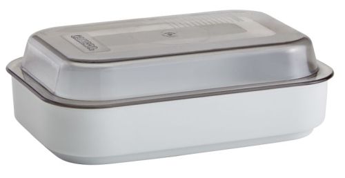 Plat rectangulaire avec couvercle pour plateau de distribution de repas