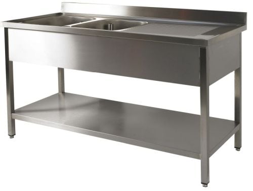 Plonge inox 2 bacs avec égouttoir 1400 x 700 avec tablette